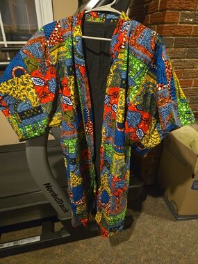 Vibrant Womens Vintage African Ankara Multicolor Kimono-Style Blazer Medium